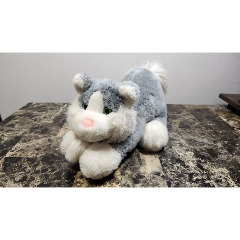 Vintage Gray White Pouncing Cat Kitty Plush Green Eyes Pink Nose 12"